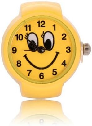 Coostyle Lovely Amusing Stainless Steel Metal Yellow Smiling Face Expression Finger Ring Watches (With Gift Box) Round Dial Elasticity Mini Electronic Watch Quartz Watches