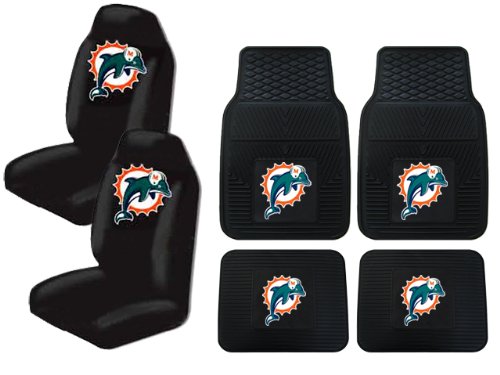 A Set of 4 NFL Universal Fit Front All-Weather Floor Mats and A Set of 2 Universal Fit Seat Covers - Miami Dolphins