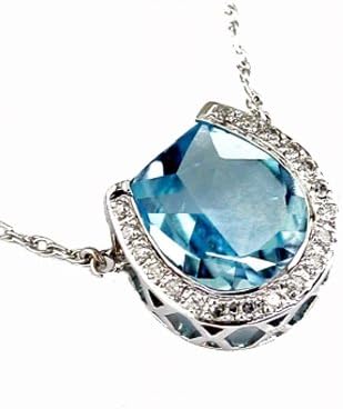 14K White Gold Diamond and Blue Topaz Horeseshoe Necklace