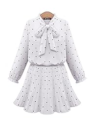Chiffon Long Sleeves  Pleated Gathered Polka Dot Print Party Dress  With a Bow(s)