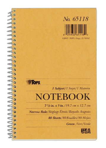 TOPS 1-Subject Kraft Wirebound Notebook, Pressboard Cover, 5 x 7.75 Inches, Narrow Rule, 80 Greentint Sheets per Book, Tan Cover (65118)
