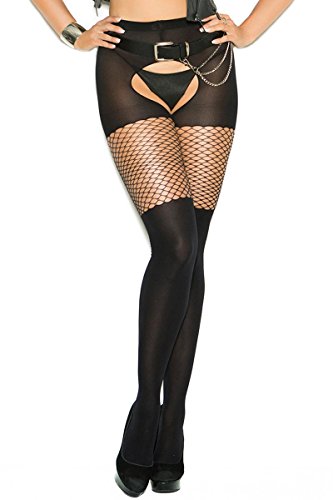 Elegant Moments Queen Size Diamond Net Opaque Suspender Pantyhose - Black - Queen Size