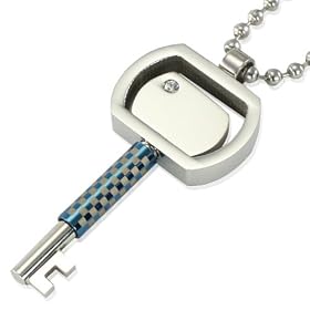 Stainless Steel Cubic Zirconia Rotating Key with Blue Lattice Pendant Necklace: Dahlia: Jewelry