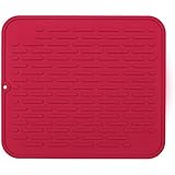 Red Extra-Large Silicone Dish-Drying Mat & High-Heat Resistant Trivet | Antimicrobial, Antibacterial | 17.8 x 15.8 inch