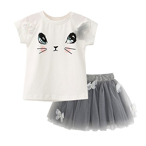 Weixinbuy Kids Girls 2 Piece Cute Cat TuTu Dress (Large/(3-4 Years), Grey)