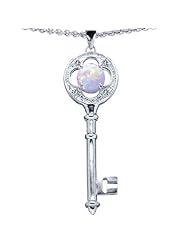 CandyGem 925 Sterling Silver Lab Created Round Opal Love Key Pendant by Venezia Designs, Free 18 Inch Silver Chain, Free Gift Box.