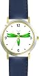 Green Dragonfly or Dragon Fly - JP - WATCHBUDDY&reg; DELUXE TWO-TONE THEME WATCH - Arabic Numbers - Blue Leather Strap-Size-Women's Size-Small