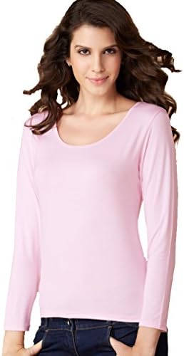 Simple Women's Long Sleeve Undershirt Bamboo Tee O Neck Top Blouse Bottom Shirt (S, Pink-2)
