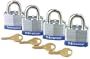 Master Lock 3008D Keyed-Alike Padlock, 3/4-Inch Shackle, 1-9/16-Inch Wide, 4-Pack
