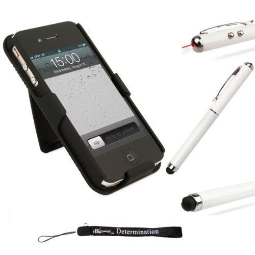 Black Rubberized Case Holster Stand with Rotating Clip Made for Apple iPhone 4S (4th Generation 16GB 32GB - AT&T - Verizon - Sprint) + Includes a Professor Pen 3 in 1 Red Laser Pointer / LED White Light / Stylus / White Pen