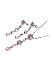 Nickel Free Sterling Silver Pendant & Earring Sets Pink Hanging Heart CZ Set