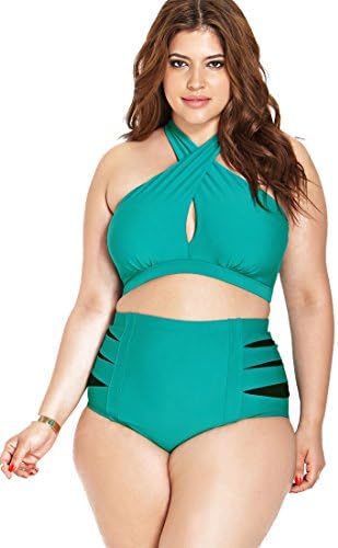 Plus Size Women Retro Bold Cutout High Waist Bikini Set Swimwear Swimsuit