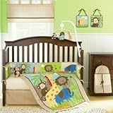 Jungle Monkey Animals 10pc Crib Bedding, Mobile, Valance, Diaper Stacker ETC NEW