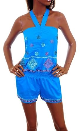 Sexy Blue Top Shorts One Piece Romper with Floral Embroidery SML from amazon.com