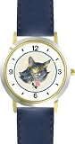 Gray Tabby Cat Mom and Kitten with Rose Cat - JP - WATCHBUDDY&reg; DELUXE TWO-TONE THEME WATCH - Arabic Numbers - Blue Leather Strap-Women's Size-Small