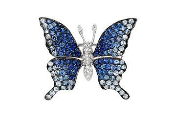 2 Carat Blue Sapphire and Diamond 18K White Gold Butterfly Brooch