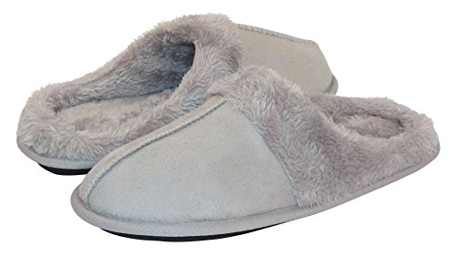 HomeTop Women Cozy Fleece Slip On House Slipper with Faux Fur Trim, Gray, Large 9-10 B(M) US