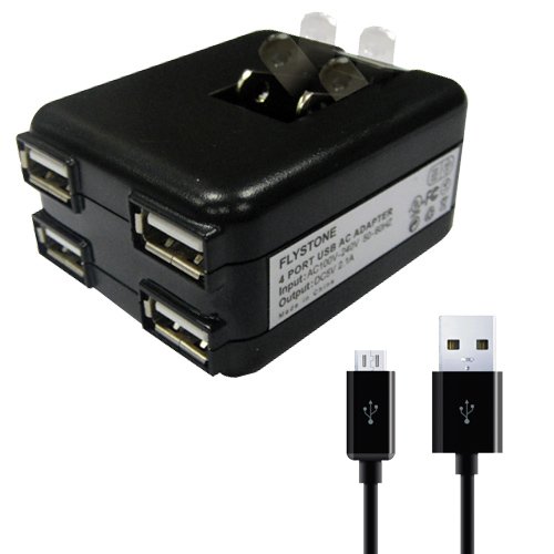 FlyStone? 4 Port USB-AC Adapter FAST 2.1A 10W AC Black Travel Wall Charger High Speed Charging + Black Micro USB Cable for Most Smartphone & Tablet / Google Nexus 7, Nexus 10 / Nook Color / Samsung Galaxy Tab Series / Samsung Galaxy Note2 Note3 N7100 N9000 / Samsung Galaxy S3 S4 I9300 I9500 / Sony XPERIA / HTC New ONE / BlackBerry / Motorola / Nokia (Black, with Micro USB 3-feet Cable)