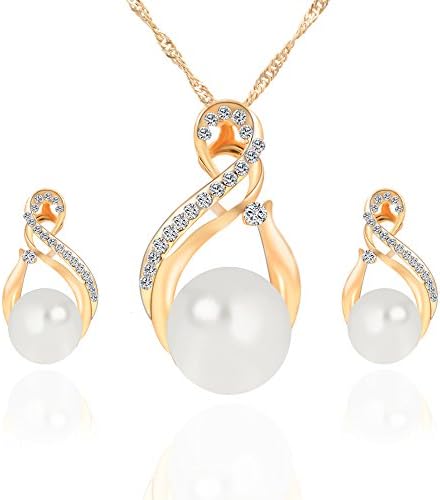 New Jewelry Set Necklace Earrings with Pearl Accents Rhinestone Chain 40cm Extender 5cm (Yellow)