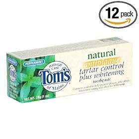 Tom's of Maine Natural Antiplaque Tartar Control Plus Whitening Toothpaste, Peppermint, 1 oz (28 g), Case of 12 Tubes