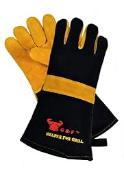 15 INCH EXTRA LONG CUFF HEAT RESISTANT Fireplace and Barbecue Gloves with Primiem Suede Leather Gloves, 100 % Cotton Lining