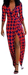 Polyester Houndstooth Print Slit Wrap Ankle Length Maxi Dress 