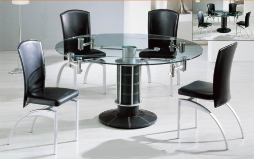 Modern Extendable Glass Dining Table Leather Base 4 Matching Chair Set