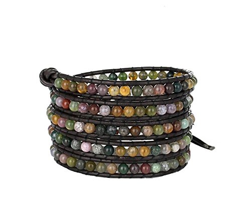 Beautiful Agate Gemstones 5 x Leather Wrap Bracelet Earth Colors with S.steel Button