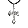 Stainless Steel Cubic Zirconia Silver Tone Center Cross Axe Pendant w. Woven Faux Leather Necklace