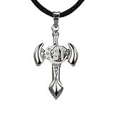 Stainless Steel Cubic Zirconia Silver Tone Center Cross Axe Pendant w. Woven Faux Leather Necklace