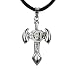Stainless Steel Cubic Zirconia Silver Tone Center Cross Axe Pendant w. Woven Faux Leather Necklace