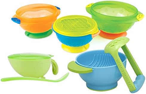 Nuby Non-Skid Feeding Bowl with Lid & Spoon + Food Masher and Suction Bowls, Green