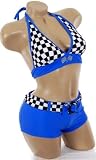 Sexy Checkered Blue Boyshorts Nascar Race Car Style Bikini Triangle Halter Top Racer Swimsuit