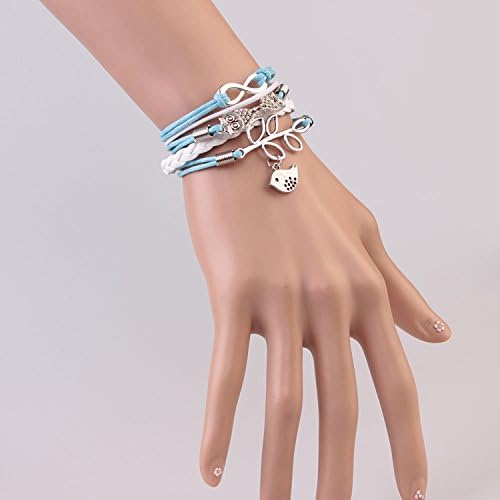 Wandafull Eternal Owl Tree Branch Bird Leather Cuff Bracelet Diy Handmade(blue)