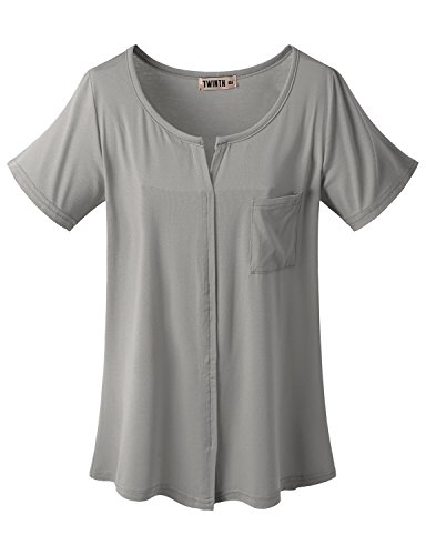 Doublju Womens Round Slit Detailed Short Sleeve Pocket T-shirt