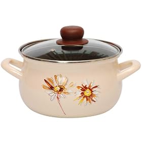 Stock Pot with Glass Lid, Non Toxic Enamel Coating, 20cm, 3.0L/brown gerberas on light beige