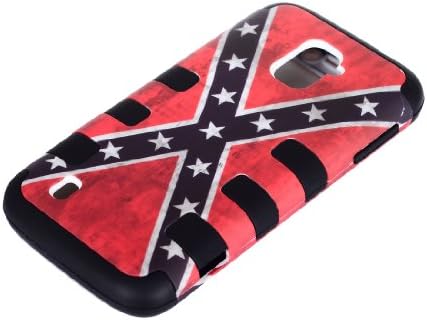 Route66 TUFF HIGH PROTECTOR Armor Rugged Shockproof Dirtproof Hybrid Case for ZTE Majesty / Z796c - StraightTalk- black rubber with red confederate flag hard cover