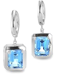 CleverEve Designer Series Rectangular Leverback Dangling Sterling Silver Earrings w/ 9mm Genuine Blue Topaz Center Stones