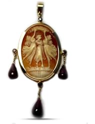 18K Yellow Gold Handmade Dangling Mediterranean Shell Cameo Pendant With Natural Rubies (90 X 45mm)