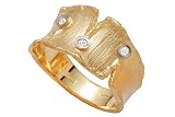 14K Yellow Gold Hand-Crafted Matte-Finish Designer Ring, Enhanced with White Gold Bezel Set Diamonds.