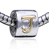 Pandora Style Bead Cylindrical-Shaped Letter J European Charm Bead Gold Fits Pandora Bracelet