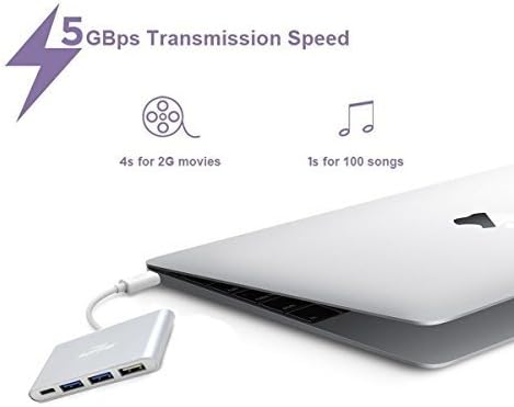 Network Hubs 4 in 1 Aluminum USB-C to 1-USB-C 2-USB 3.0 1-USB 2.0 Hub with Type-C Syncing and Transferring Simultaneously for new MacBookand data transfer, ChromeBook Pixel and More (Silver)