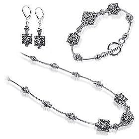 Sterling Silver Bali Bracelet Earrings 22" Necklace Set