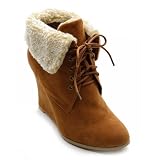 Ollio Womens Cuff Faux Fur Suede Ankle Vintage Lace Up Wedge High Heel Boots