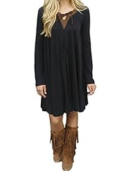 V-neck Long Sleeves Cotton/Polyester  Lace-Up  Shirt Mini Dress  With a Bow(s)