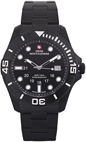Swiss Mountaineer Mens Watch Black Stainless Steel Bracelet Black Dial Date Display Reloj SM8021