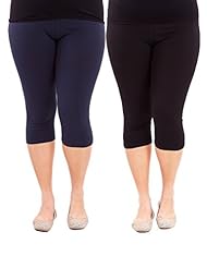 Apparel: Zando Womens Lightweight 3/4 Length Basic Plus Size Breathable Leggings 2 Pack (Black & Navy) US 2XL Plus