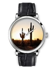 SPRAWL Aanalog Fashion Series Silver Ladies Watches of Genuine Black Leather Strap,Unique Wrist Watch for Women Girls Designed with Cactus in sunset