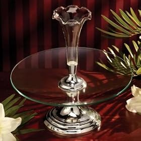 GLASS TRAY WITH VASE - FOOTED GLASS TRAY WITH SILVER PLATED VASE - cake centerpiece by Jaf Gifts