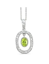 Twin Oval Shaped Vintage Diamond Pendant In 18K White Gold With A 0.95 ct. Genuine Peridot Center Stone.